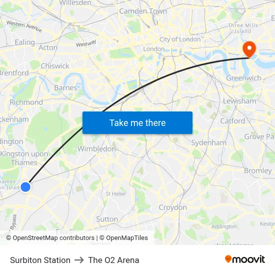 Surbiton Station to The O2 Arena map