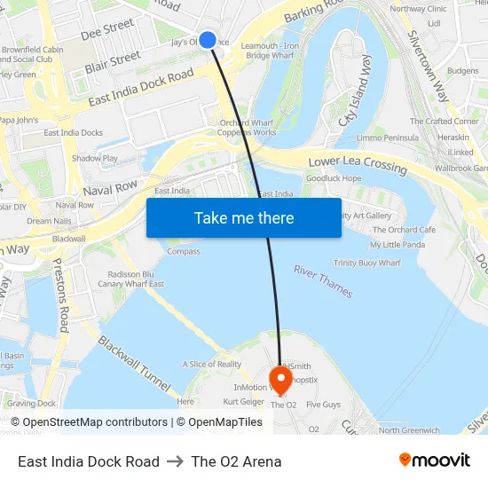 East India Dock Road to The O2 Arena map