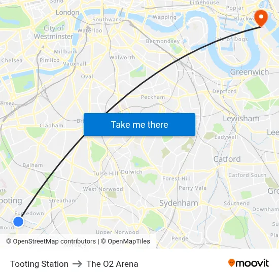 Tooting Station to The O2 Arena map