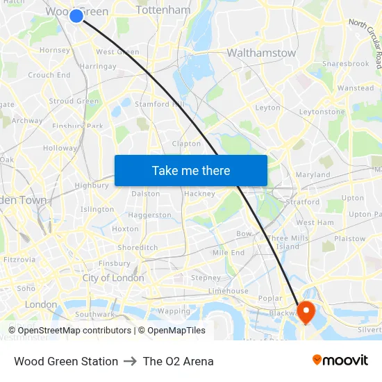 Wood Green Station to The O2 Arena map