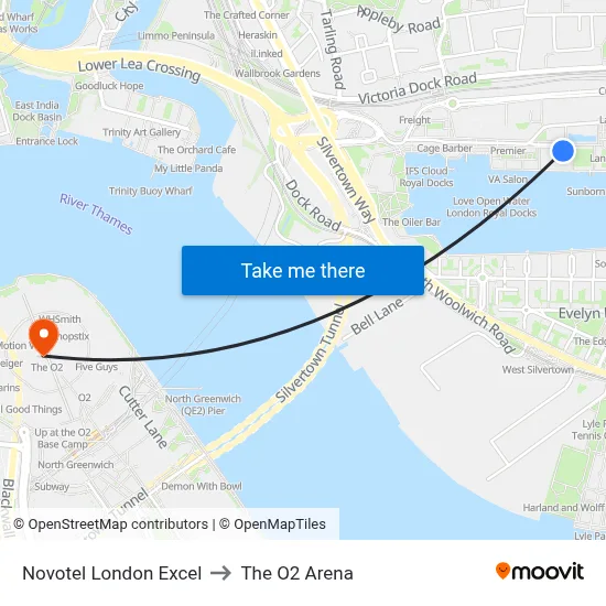 Novotel London Excel to The O2 Arena map