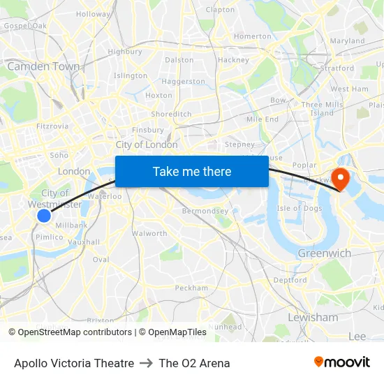 Apollo Victoria Theatre to The O2 Arena map