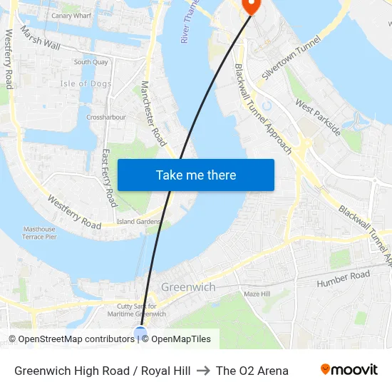Greenwich High Road / Royal Hill to The O2 Arena map