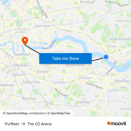 Purfleet to The O2 Arena map