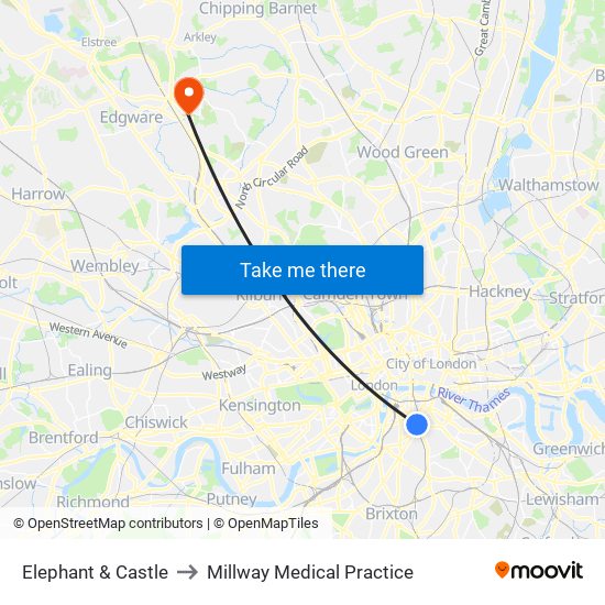 Elephant & Castle to Millway Medical Practice map