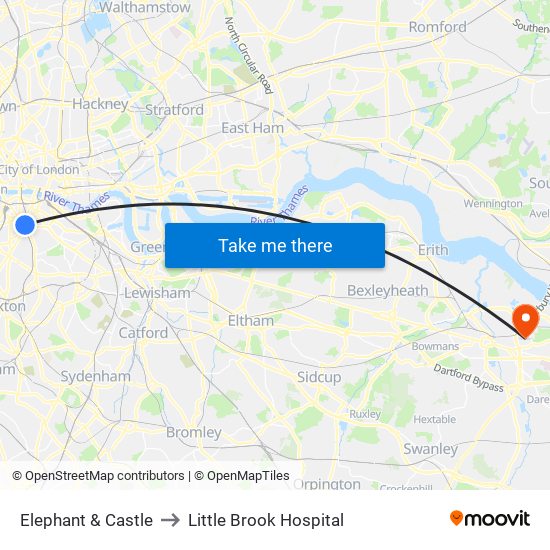 Elephant & Castle to Little Brook Hospital map