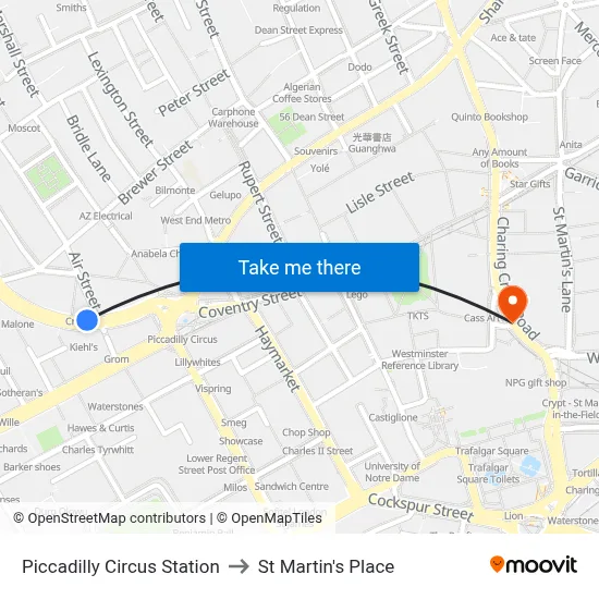 Piccadilly Circus Station to St Martin's Place map