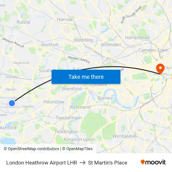 London Heathrow Airport LHR to St Martin's Place map