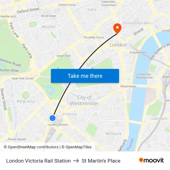 London Victoria Rail Station to St Martin's Place map