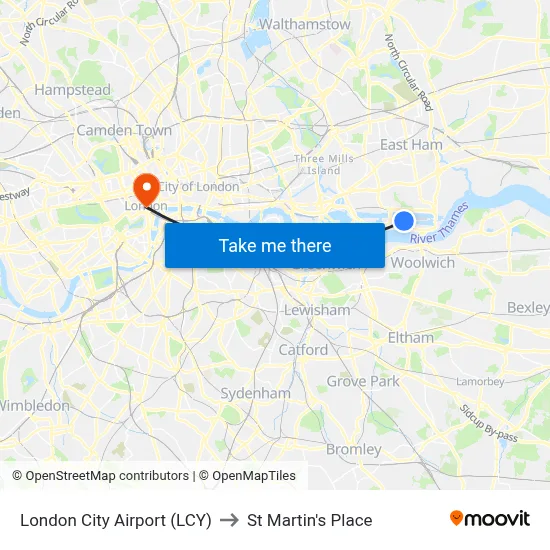 London City Airport (LCY) to St Martin's Place map