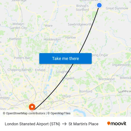 London Stansted Airport (STN) to St Martin's Place map
