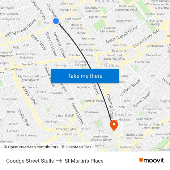 Goodge Street Stalls to St Martin's Place map