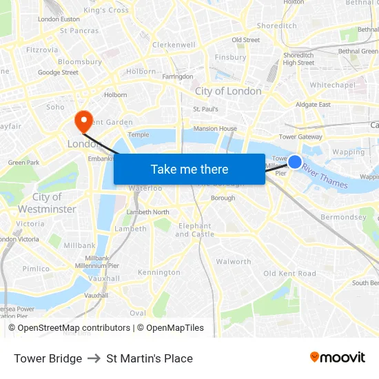 Tower Bridge to St Martin's Place map