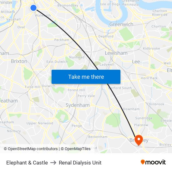 Elephant & Castle to Renal Dialysis Unit map