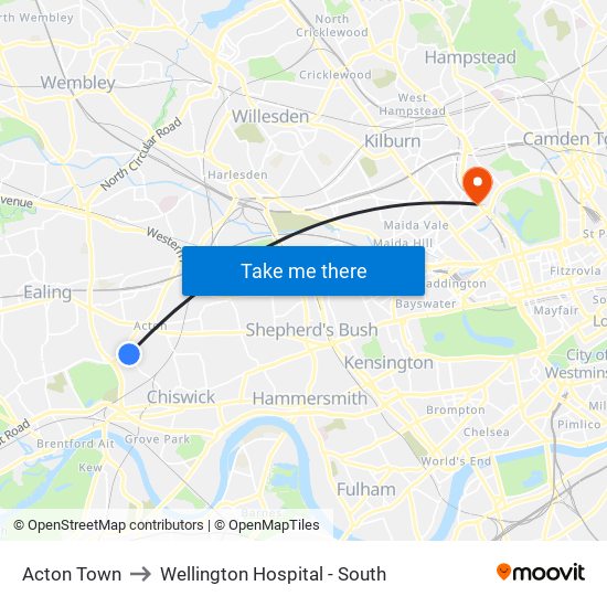 Acton Town to Wellington Hospital - South map