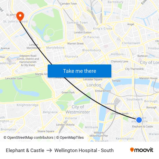 Elephant & Castle to Wellington Hospital - South map