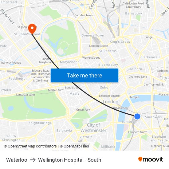 Waterloo to Wellington Hospital - South map