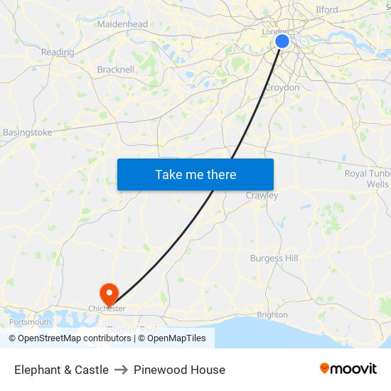 Elephant & Castle to Pinewood House map
