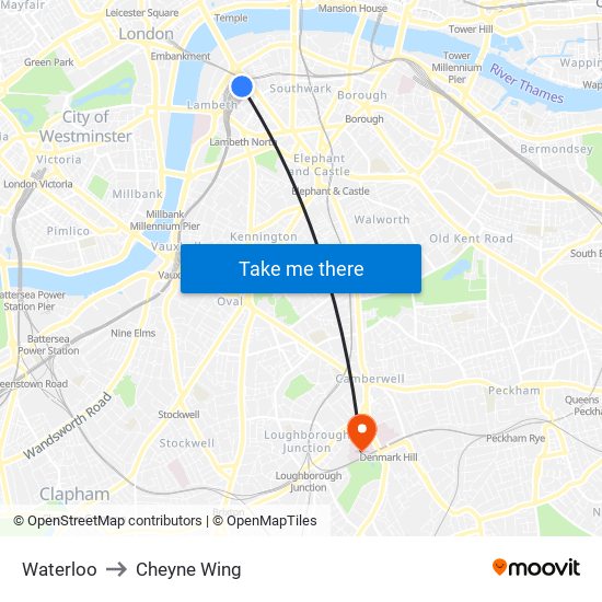 Waterloo to Cheyne Wing map