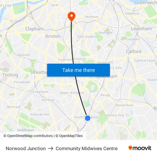 Norwood Junction to Community Midwives Centre map