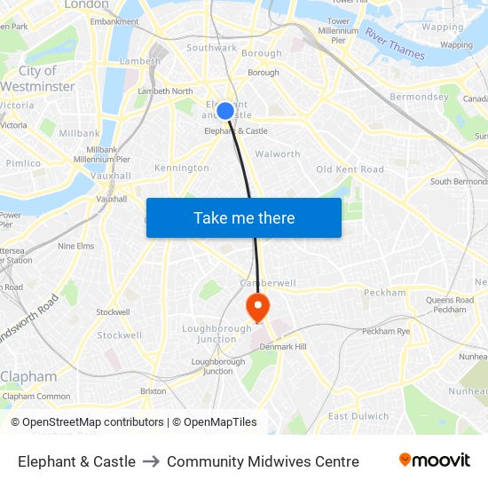Elephant & Castle to Community Midwives Centre map
