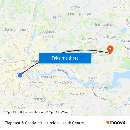Elephant & Castle to Laindon Health Centre map