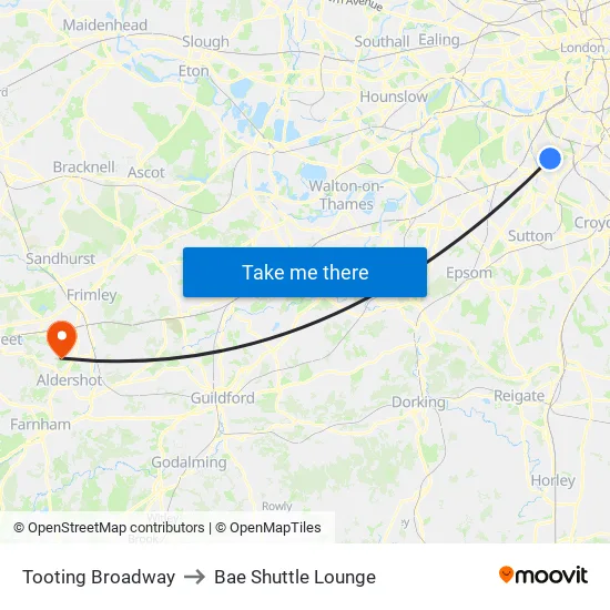 Tooting Broadway to Bae Shuttle Lounge map