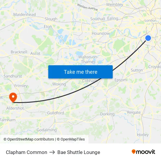 Clapham Common to Bae Shuttle Lounge map