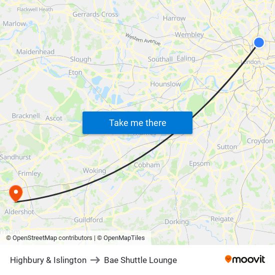 Highbury & Islington to Bae Shuttle Lounge map