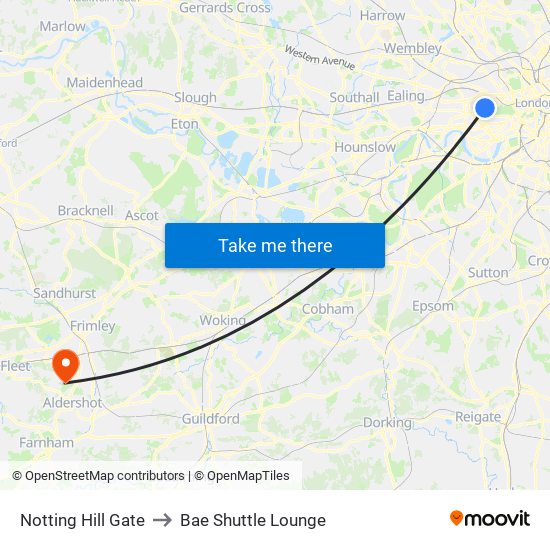 Notting Hill Gate to Bae Shuttle Lounge map