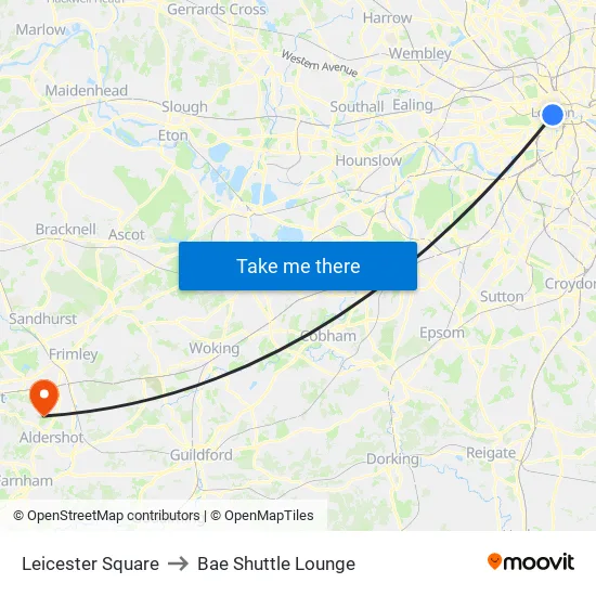 Leicester Square to Bae Shuttle Lounge map