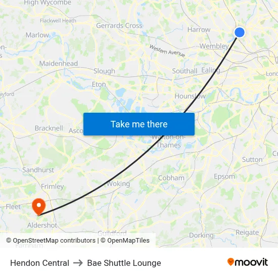Hendon Central to Bae Shuttle Lounge map
