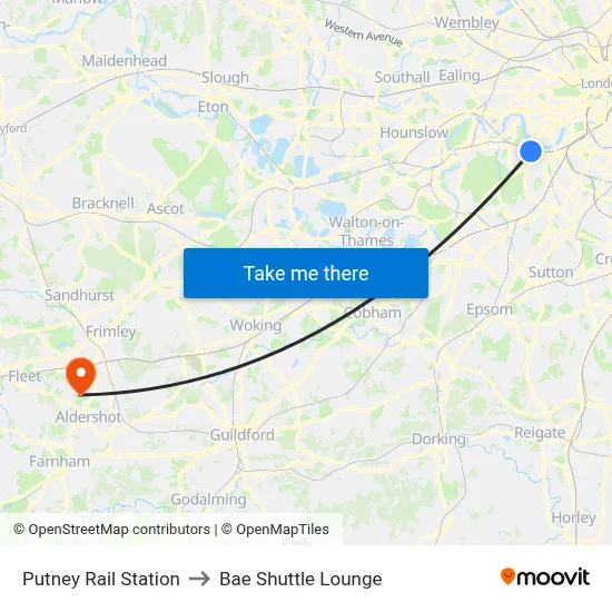 Putney Rail Station to Bae Shuttle Lounge map