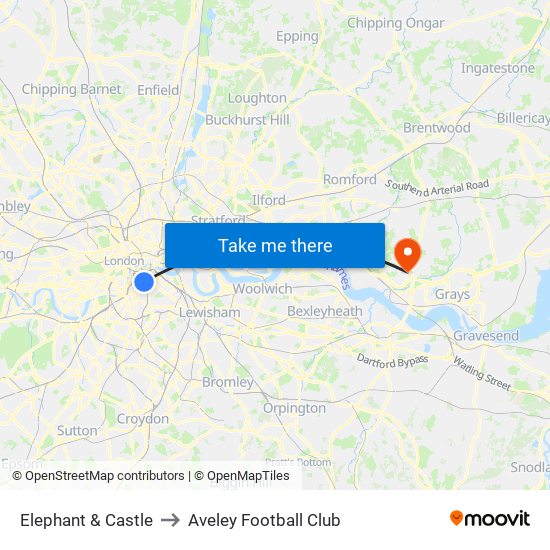 Elephant & Castle to Aveley Football Club map