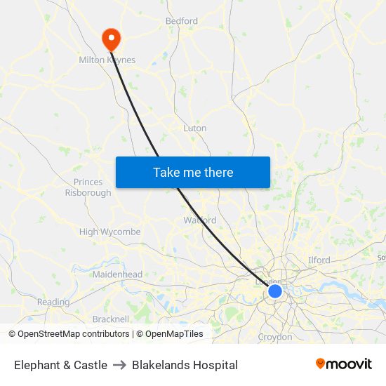Elephant & Castle to Blakelands Hospital map