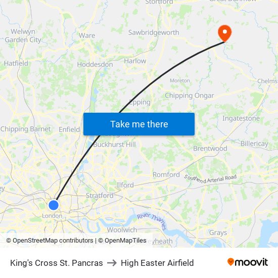 King's Cross St. Pancras to High Easter Airfield map