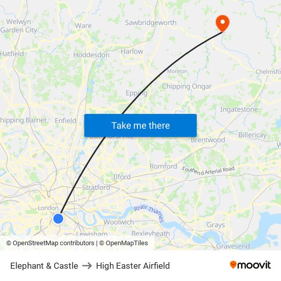 Elephant & Castle to High Easter Airfield map