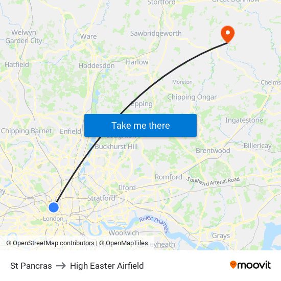 St Pancras to High Easter Airfield map