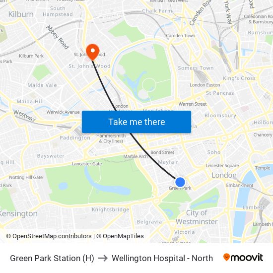 Green Park Station (H) to Wellington Hospital - North map
