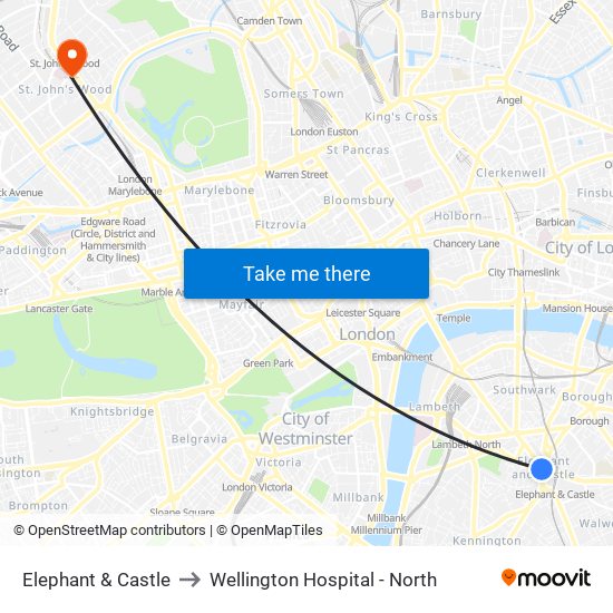 Elephant & Castle to Wellington Hospital - North map
