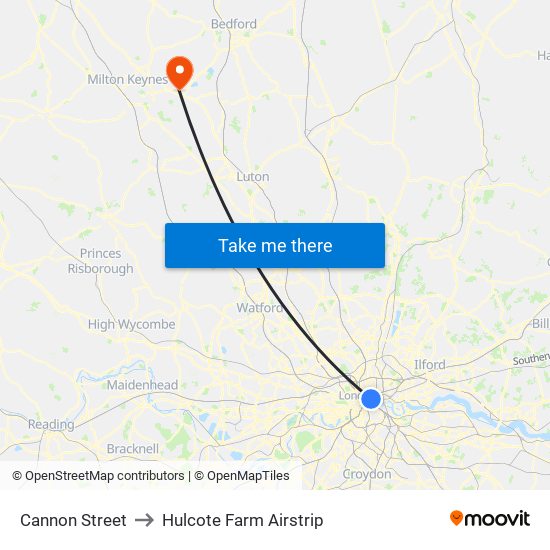 Cannon Street to Hulcote Farm Airstrip map