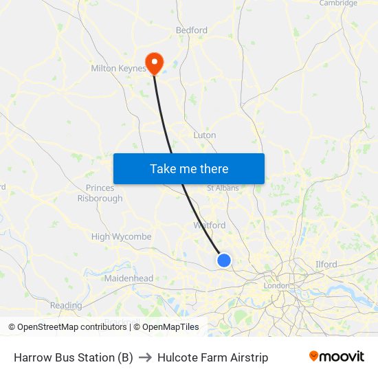 Harrow Bus Station (B) to Hulcote Farm Airstrip map