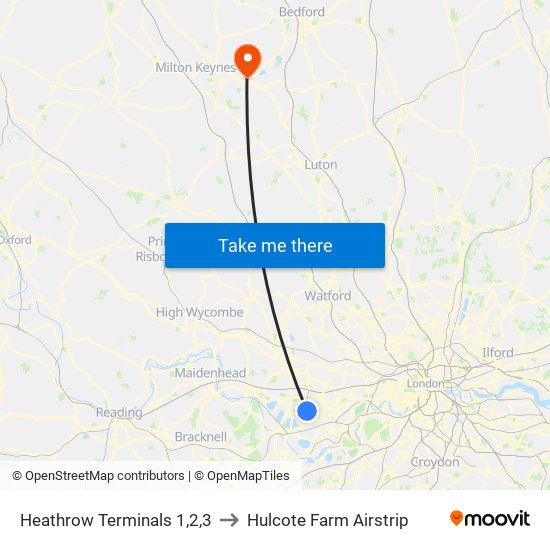 Heathrow Terminals 1,2,3 to Hulcote Farm Airstrip map
