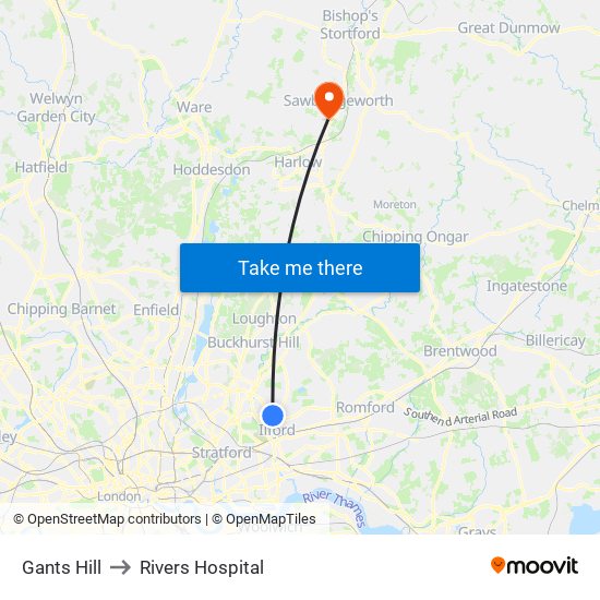 Gants Hill to Rivers Hospital map