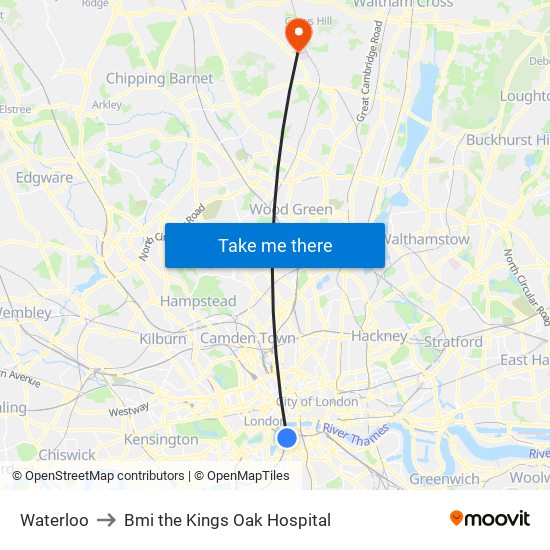 Waterloo to Bmi the Kings Oak Hospital map