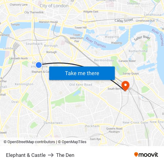 Elephant & Castle to The Den map