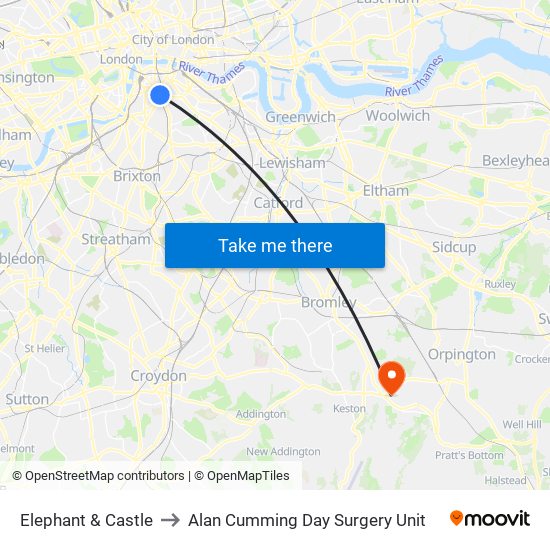 Elephant & Castle to Alan Cumming Day Surgery Unit map