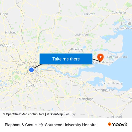 Elephant & Castle to Southend University Hospital map