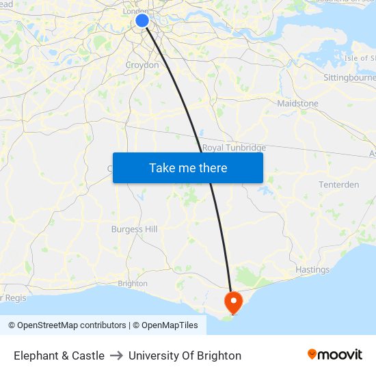 Elephant & Castle to University Of Brighton map