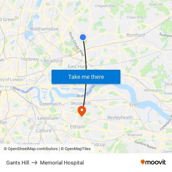 Gants Hill to Memorial Hospital map
